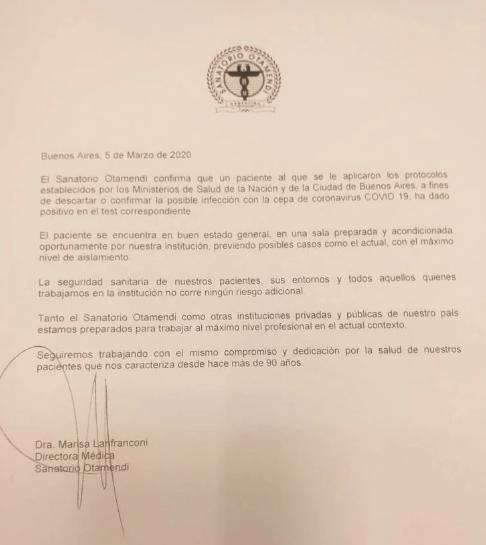 Comunicado del Sanatorio Otamendi