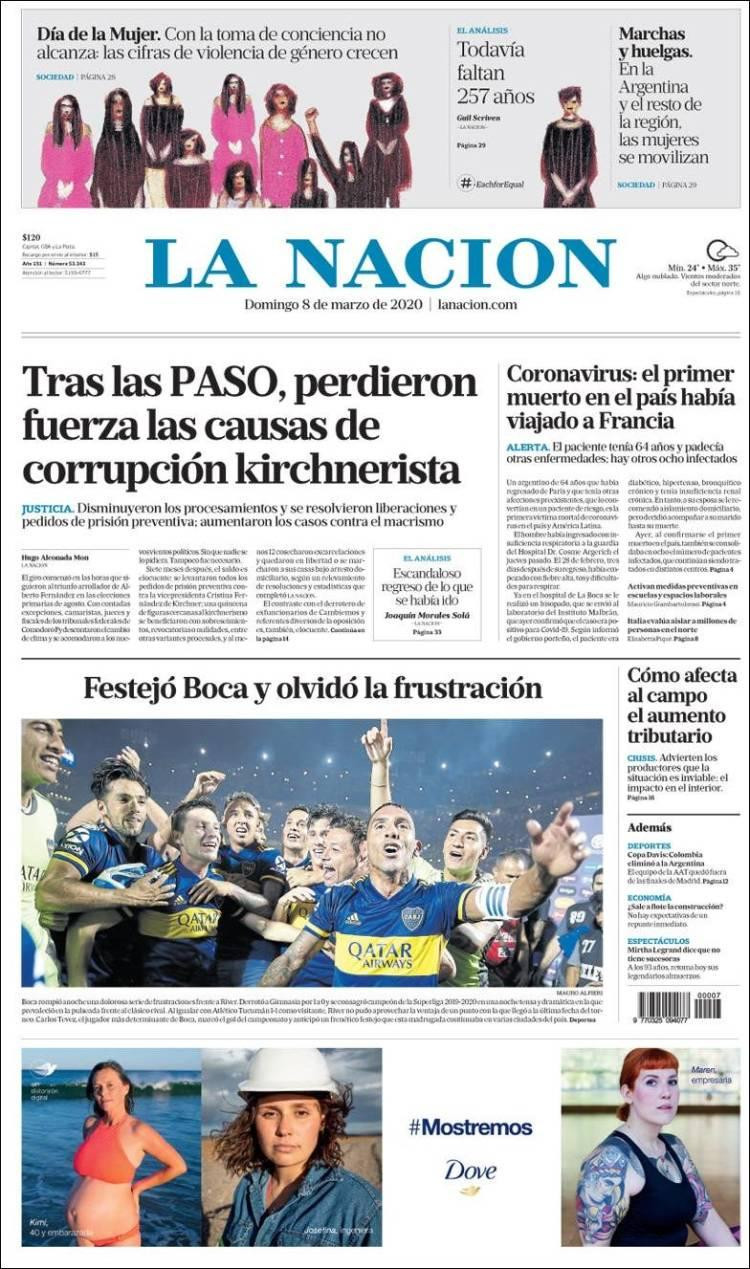 Tapas de diarios, La Nación, domingo 8 de marzo de 2020