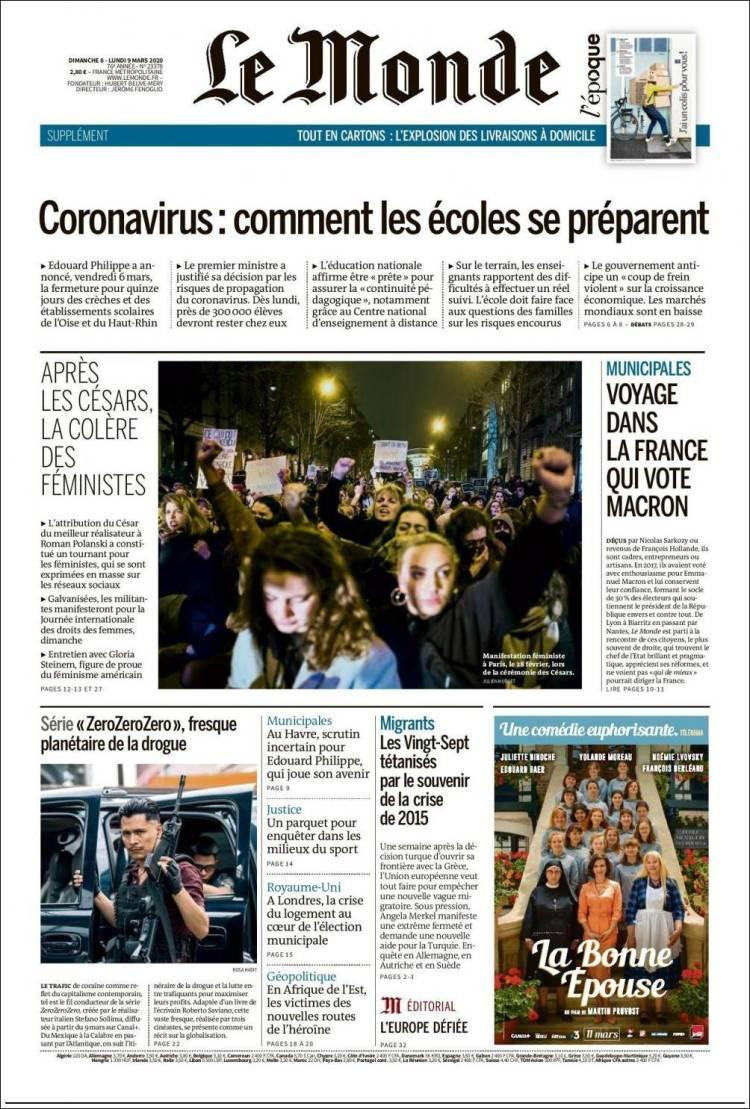 Tapa diarios, Le Monde, Lunes 9 de marzo de 2020