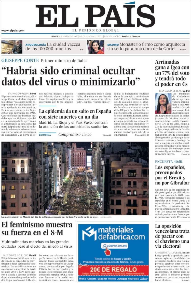 Tapa diarios, El País, Lunes 9 de marzo de 2020