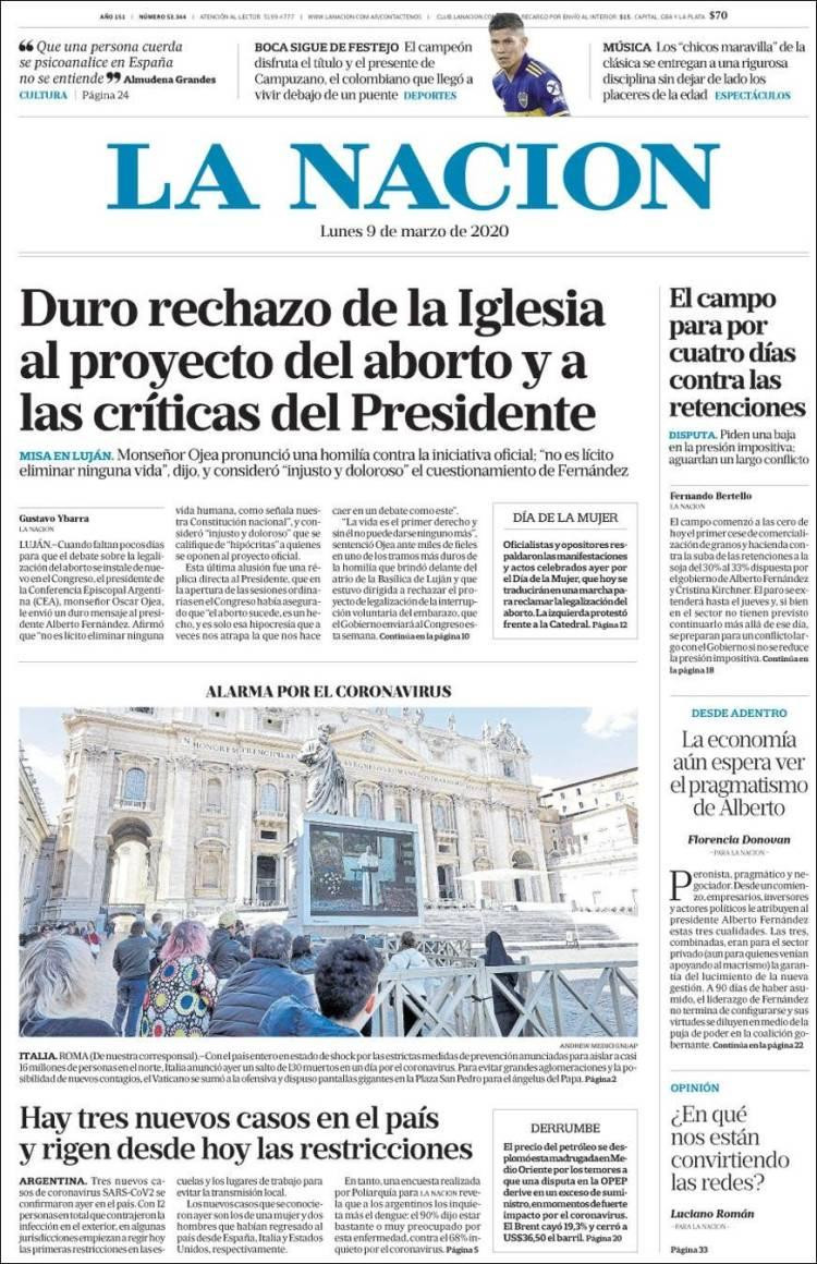 Tapa diarios, La Nación, Lunes 9 de marzo de 2020