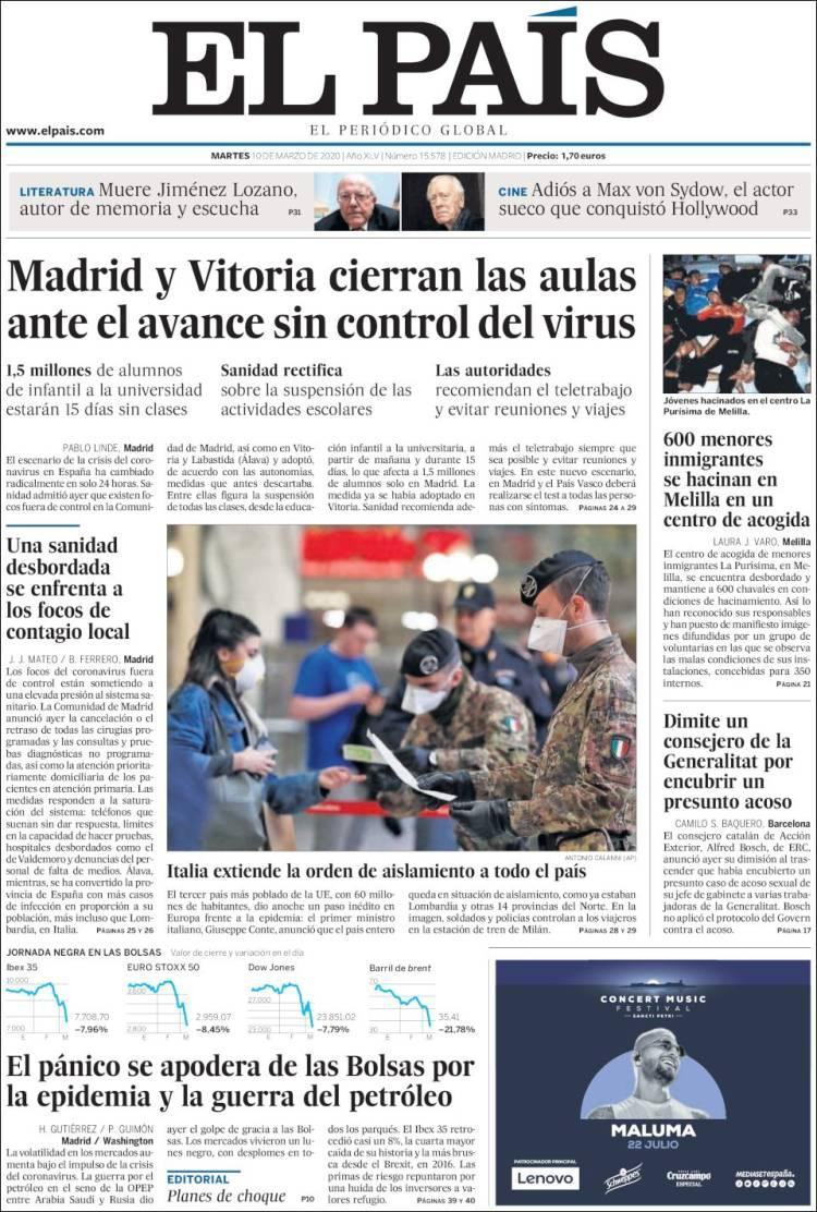 Tapa diarios, El País, martes 10 de marzo de 2020