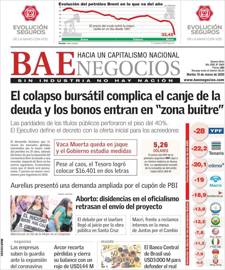 Tapa diarios, BAE,  martes 10 de marzo de 2020