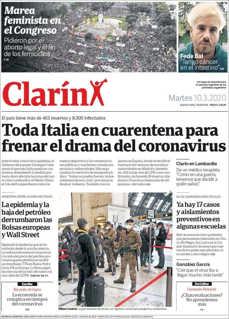 Tapa diarios, Clarín, martes 10 de marzo de 2020