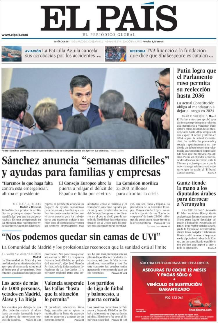 Tapas de diarios, El País, miércoles 11 de marzo de 2020