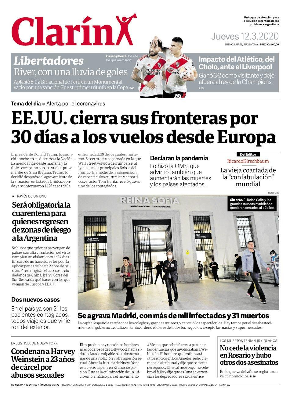 Tapas de diarios, Clarin, jueves 12 de marzo de 2020