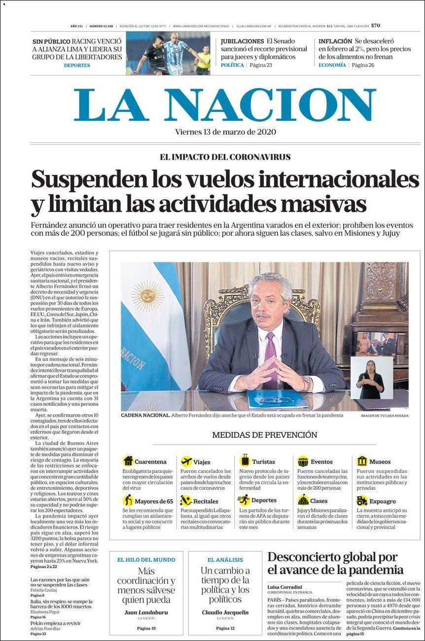 Tapas de diarios, La Nación, viernes 13 de marzo de 2020