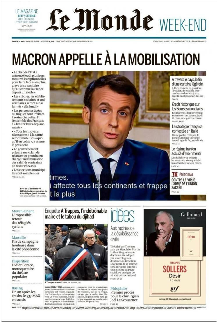 Tapa diarios, Le Monde, sábado 14 de marzo de 2020