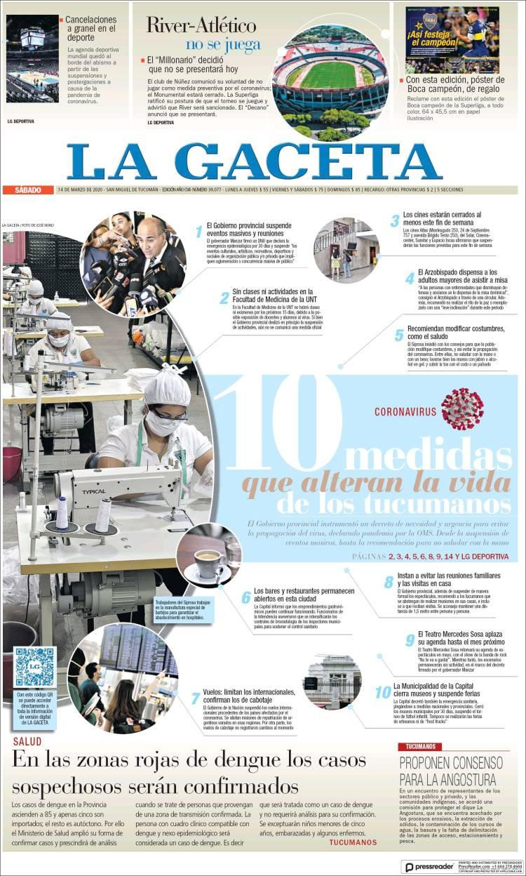 Tapa diarios, La Gaceta, sábado 14 de marzo de 2020