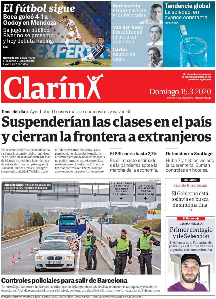 Tapas de diarios, Clarín, domingo 15 de marzo de 2020