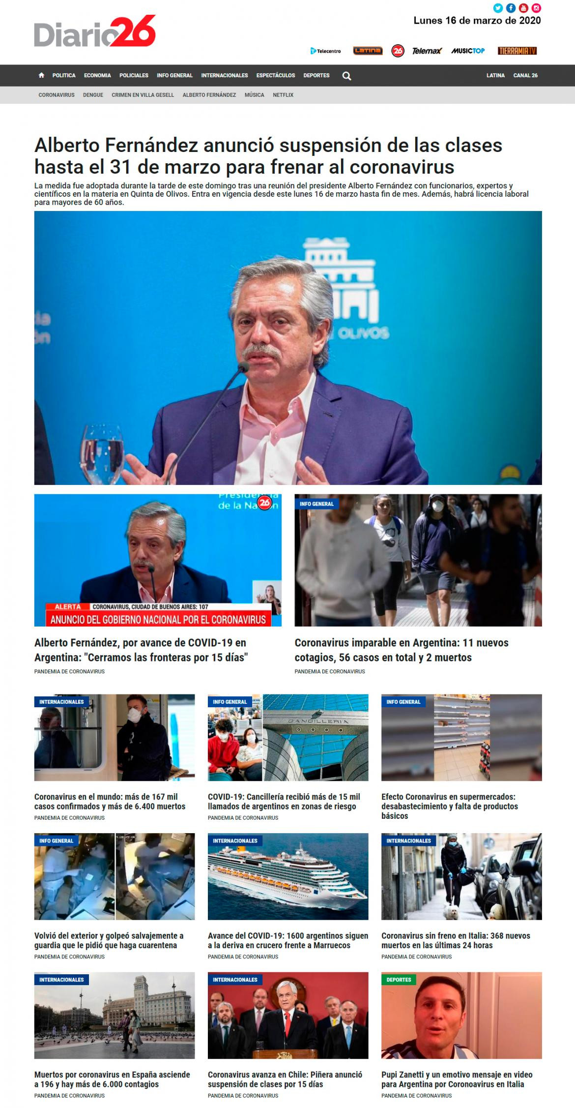 Tapa DIARIO26 lunes 16 de marzo de 2020