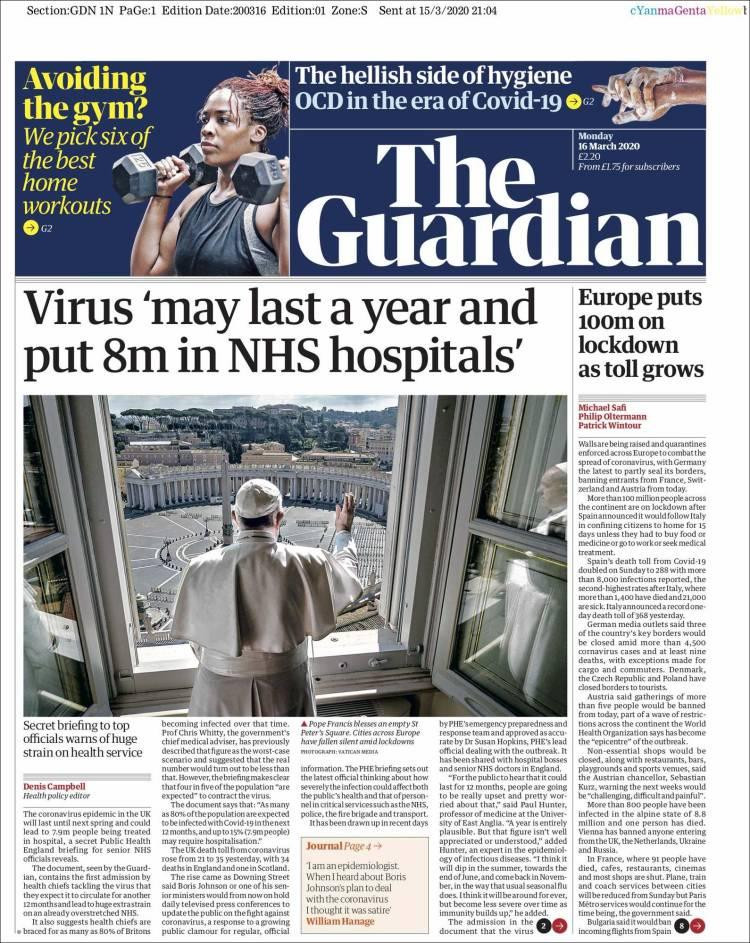 Tapa de diarios, Guardian lunes 16 de marzo de 2020