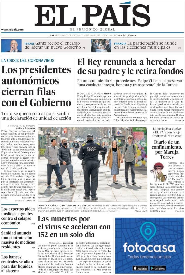 Tapa de diarios, El País, lunes 16 de marzo de 2020