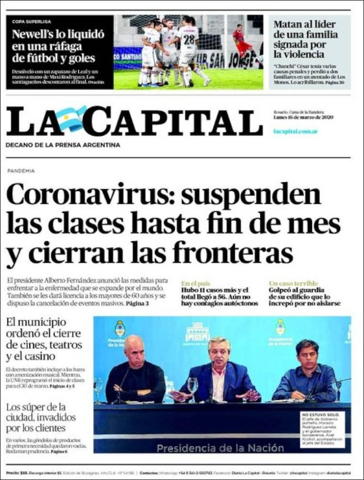 Tapa de diarios, La Capital, lunes 16 de marzo de 2020