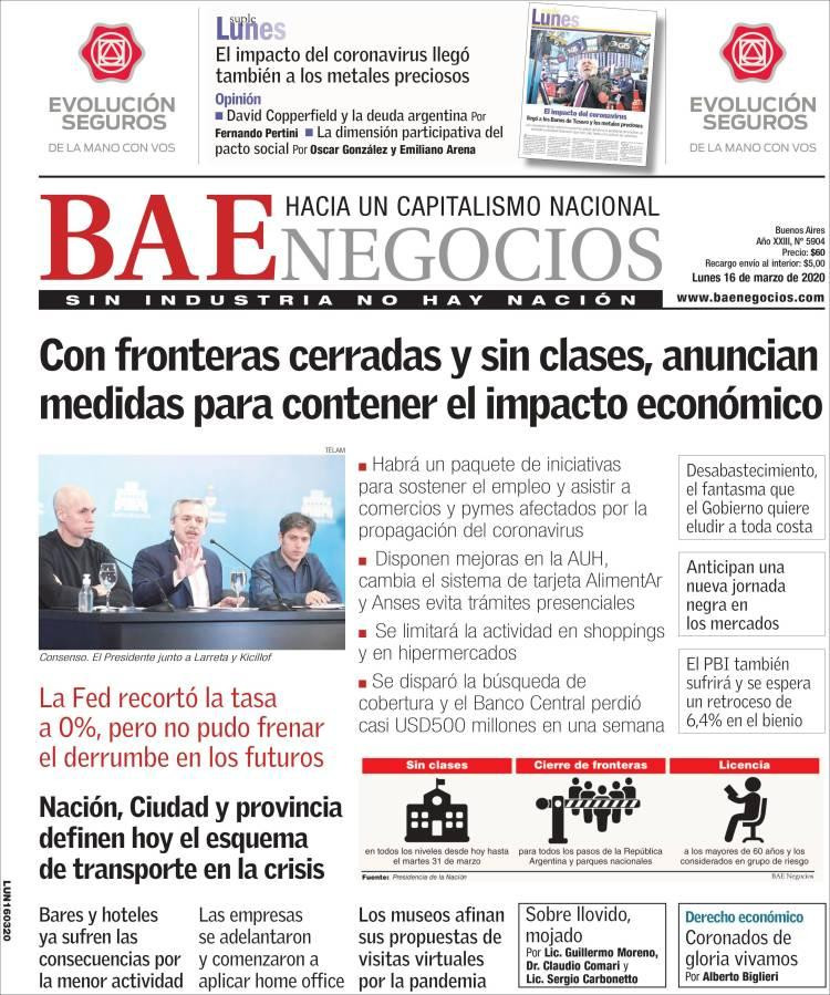 Tapa de diarios, BAE, lunes 16 de marzo de 2020