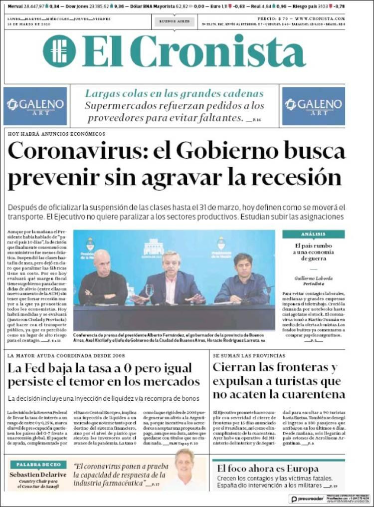 Tapa de diarios, El Cronista, lunes 16 de marzo de 2020