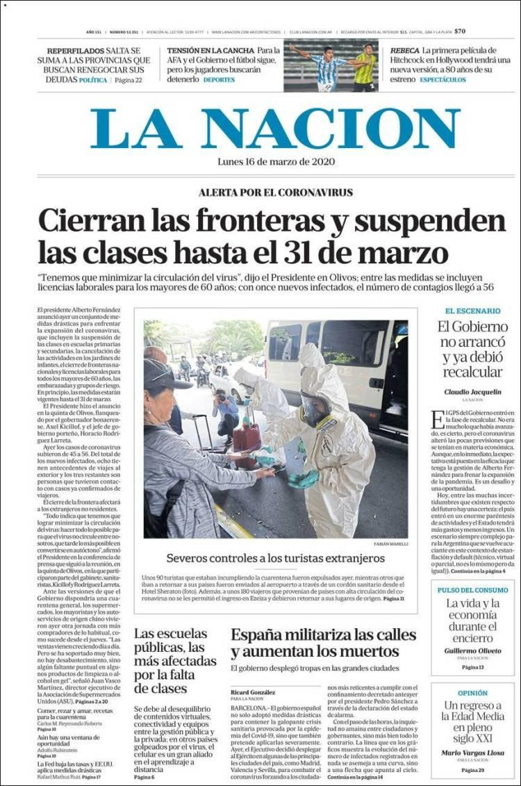 Tapa de diarios, La Nación, lunes 16 de marzo de 2020