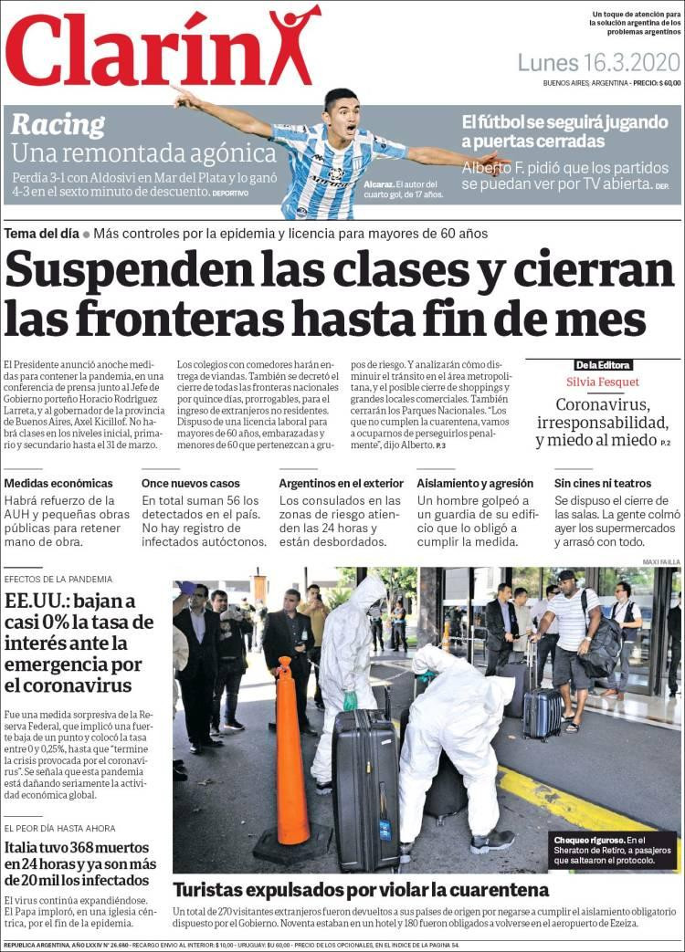 Tapa de diarios, Clarín lunes 16 de marzo de 2020