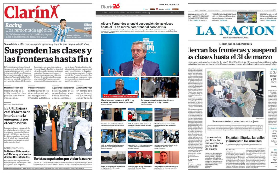 Tapa de diarios, lunes 16 de marzo de 2020