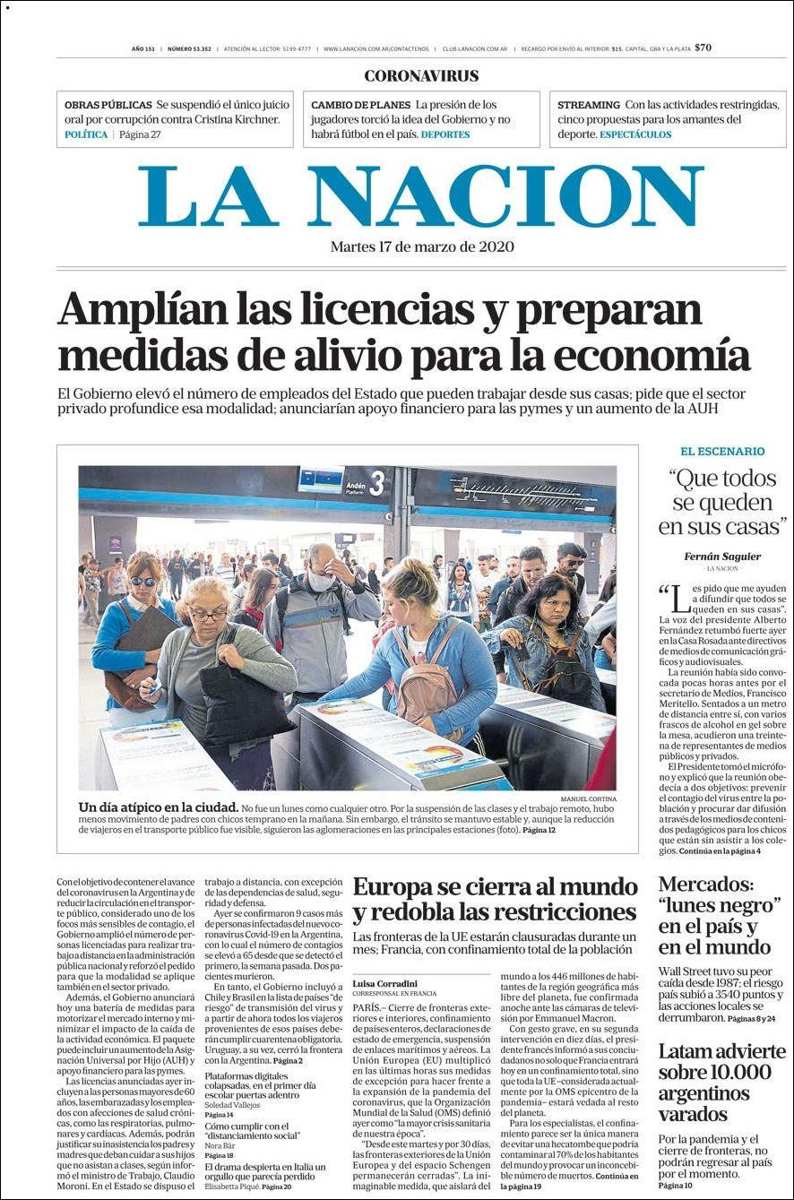 Tapas de diarios, La Nación, martes 17 de marzo de 2020