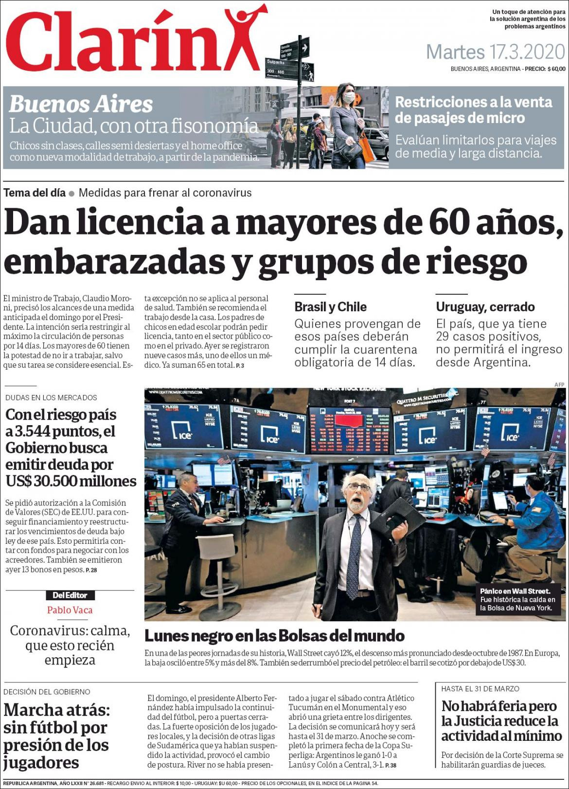 Tapas de diarios, Clarin, martes 17 de marzo de 2020