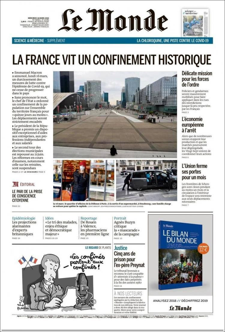 Tapa de diarios, Le Monde, miércoles 18 de marzo de 2020