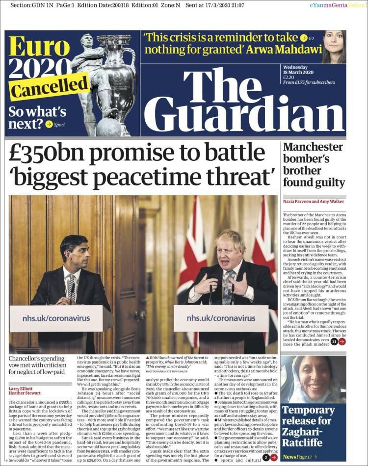 Tapa de diarios, Guardian, miércoles 18 de marzo de 2020