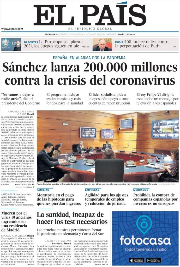 Tapa de diarios, El País, miércoles 18 de marzo de 2020