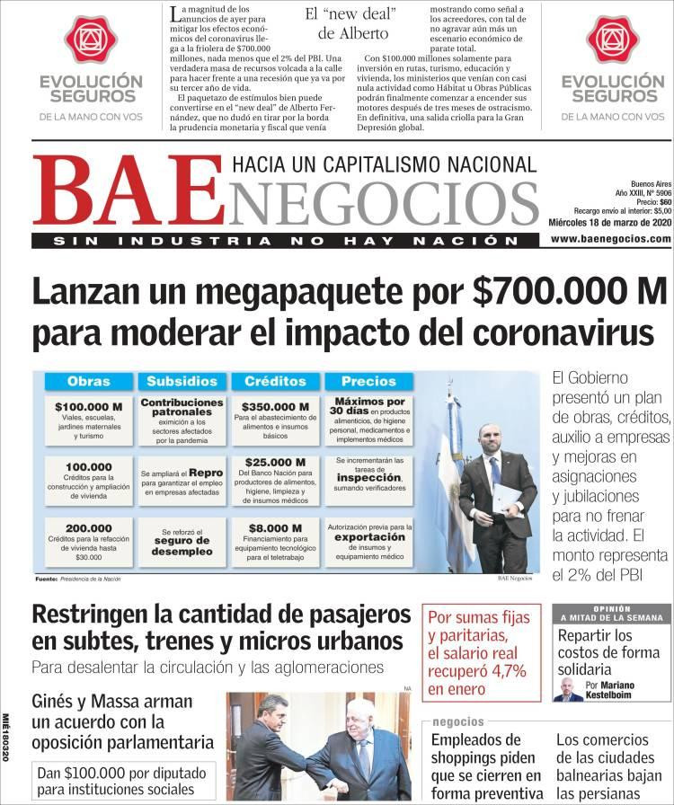 Tapa de diarios, BAE, miércoles 18 de marzo de 2020