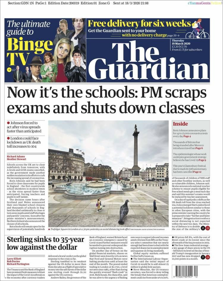 Tapas de diarios, Guardian jueves 19 de marzo de 2020