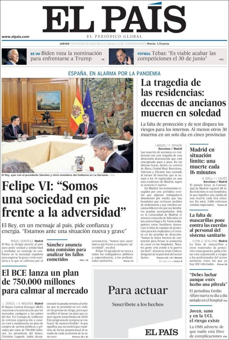 Tapas de diarios, El País jueves 19 de marzo de 2020