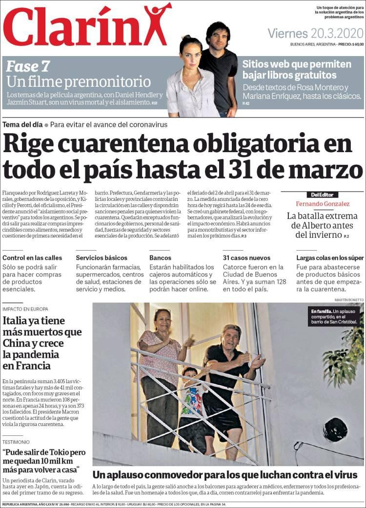 Tapas diarios, Clarín, viernes 20 de marzo de 2020