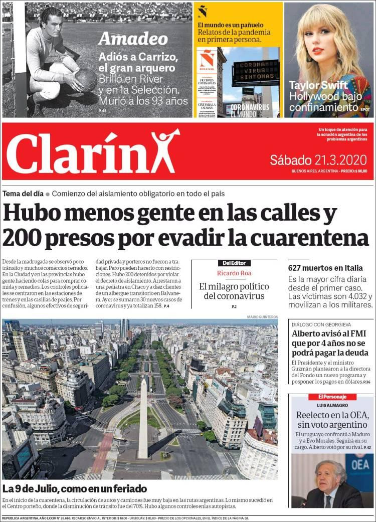 Tapas de diarios, 21-3-20, CLARIN