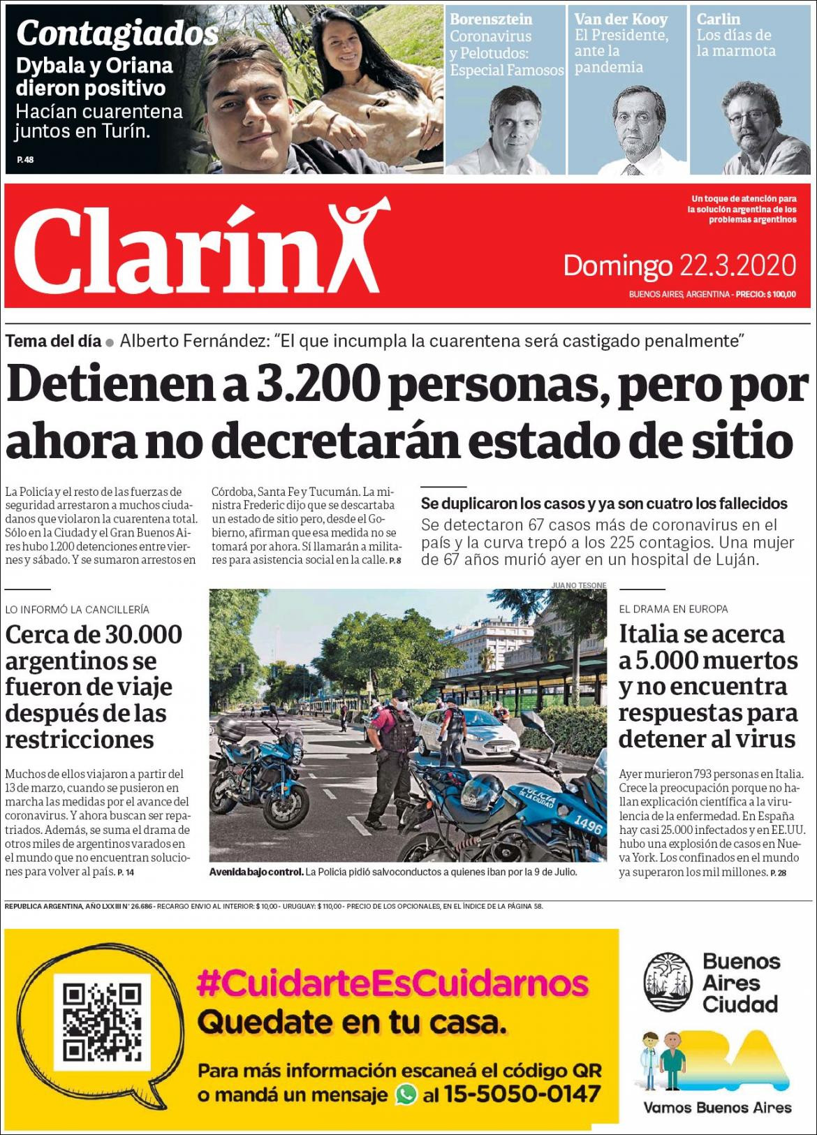 Tapas de diarios, 22 de marzo de 2020, CLARIN