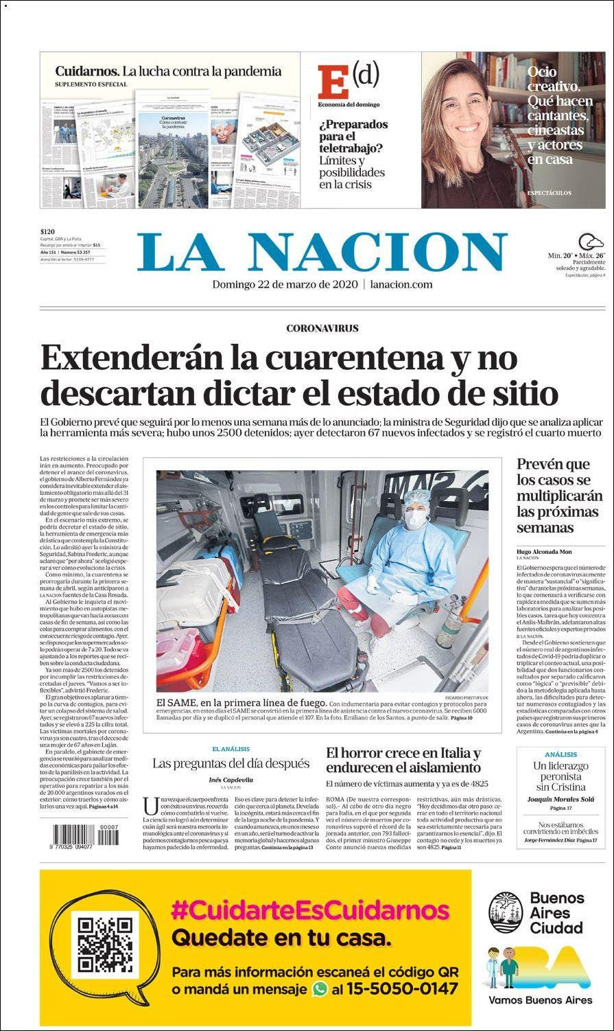 Tapas de diarios, 22 de marzo de 2020, LA NACION