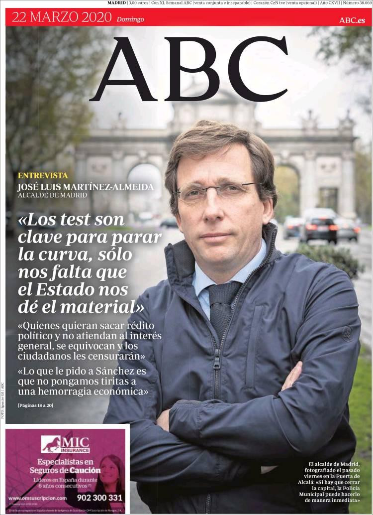 Tapas de diarios, 22 de marzo de 2020, ABC