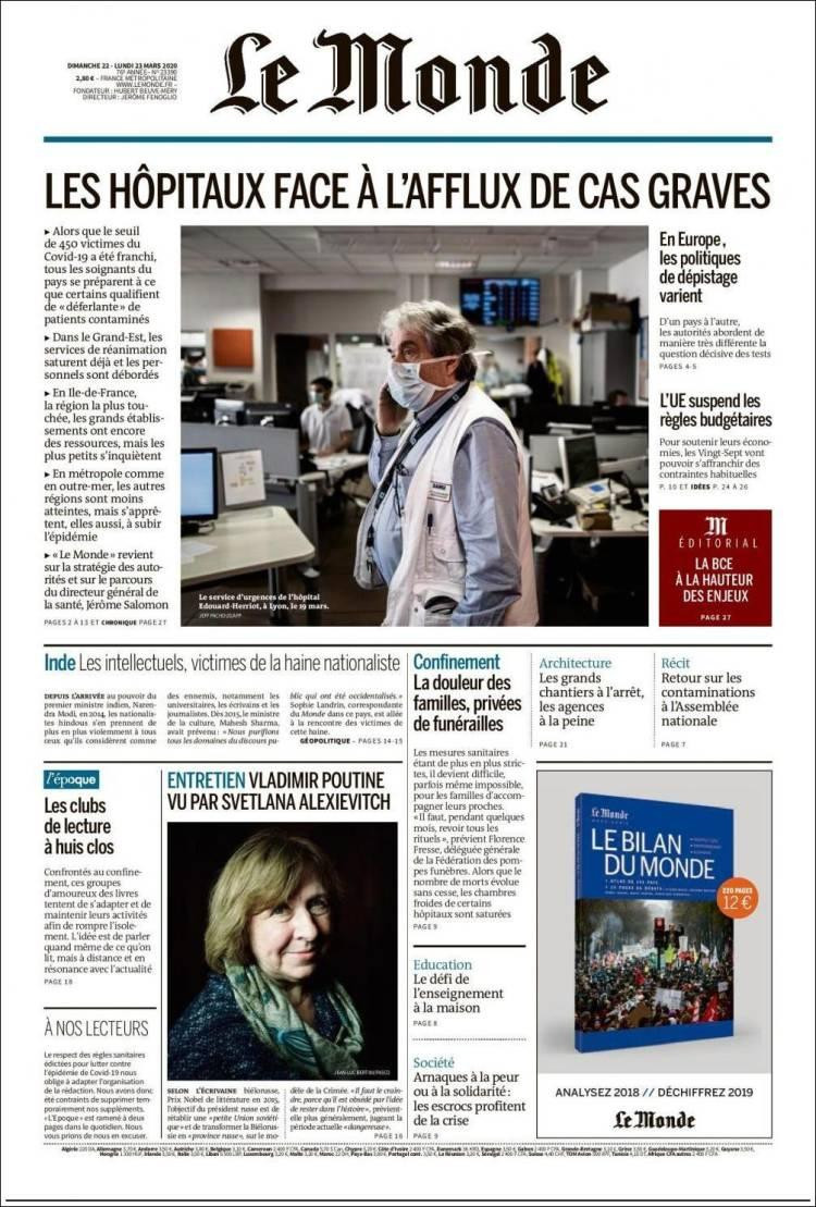 Tapas de diarios, Le Monde, lunes 23 de marzo de 2020