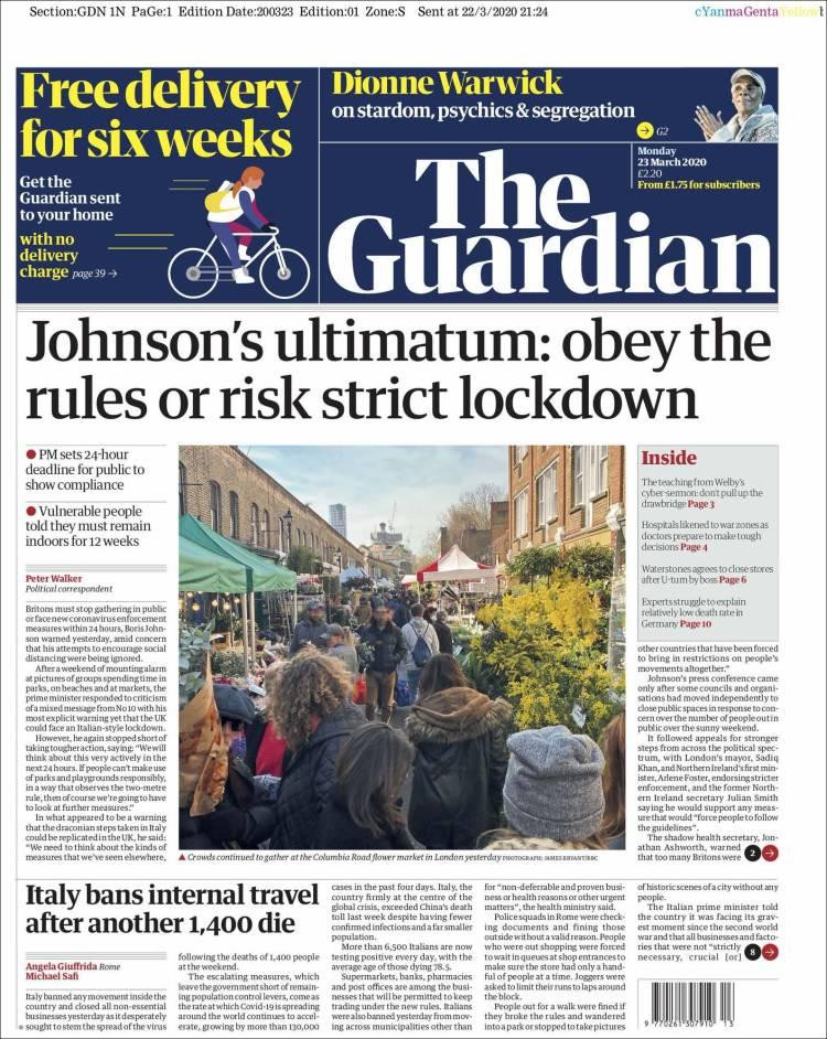 Tapas de diarios, Guardian, lunes 23 de marzo de 2020