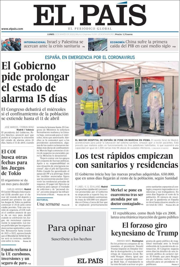 Tapas de diarios, El País, lunes 23 de marzo de 2020