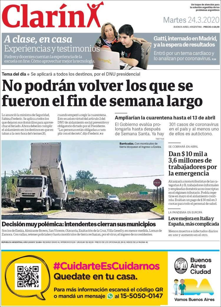 Tapas de diarios, Clarin, martes 24 de marzo de 2020