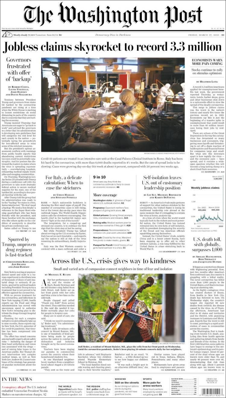 Tapas de diarios, The Washington Post, viernes 27 de marzo de 2020