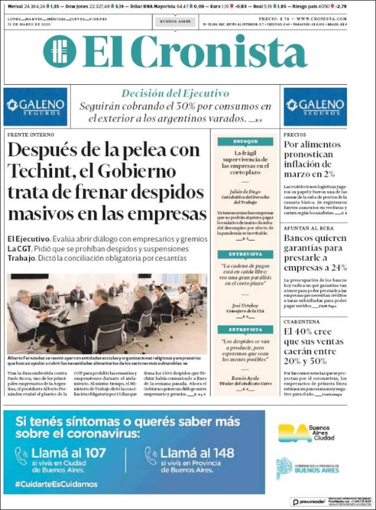 Tapas de diarios, El Cronista, martes 31 de marzo de 2020