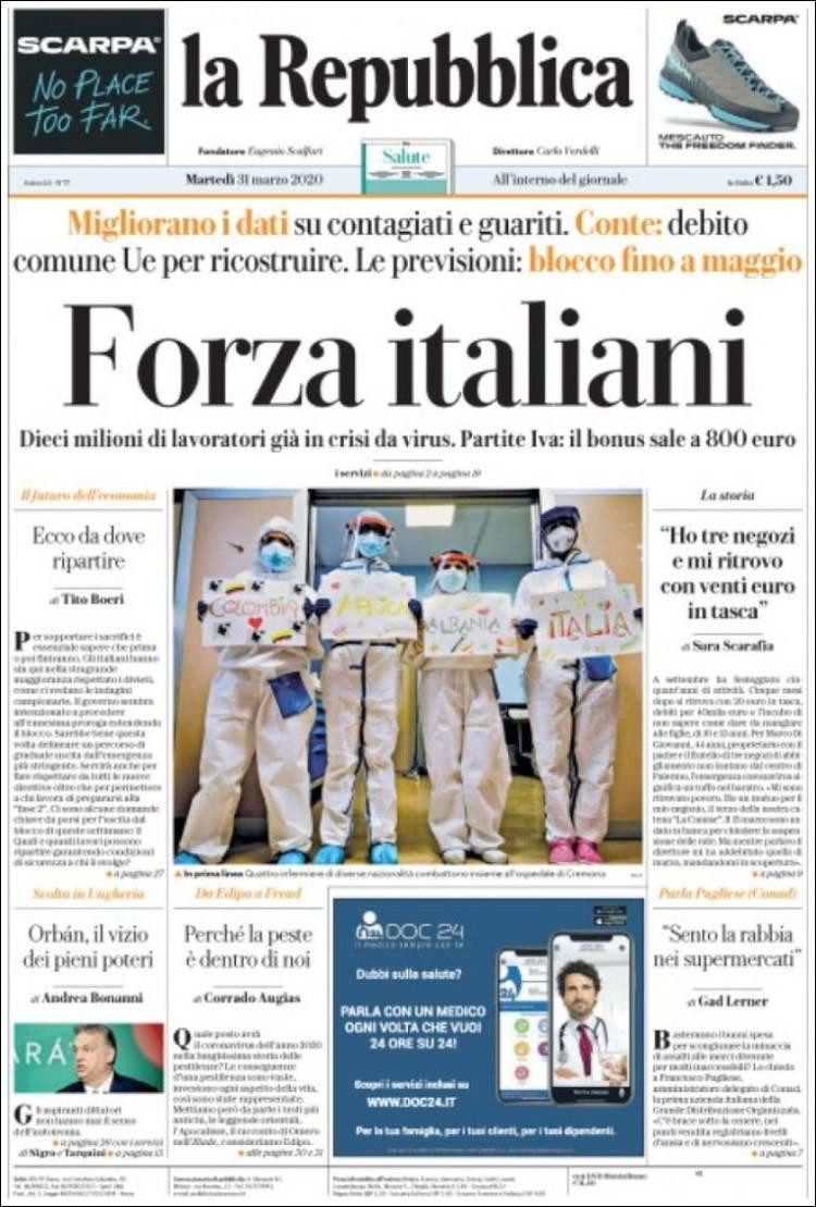 Tapas de diarios, La repubblica, martes 31 de marzo de 2020