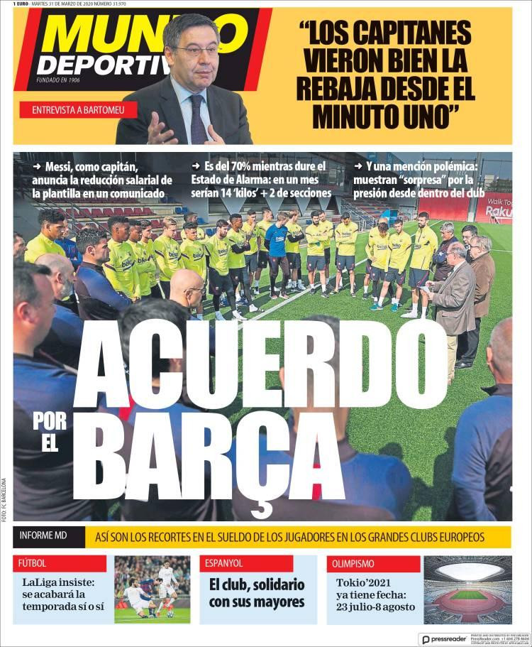 Tapas de diarios, Mundo deportivo, martes 31 de marzo de 2020