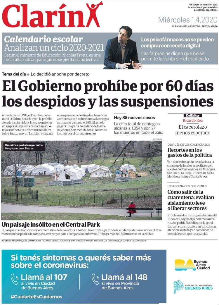 Tapas de diarios, Clarin, 1 de abril de 2020