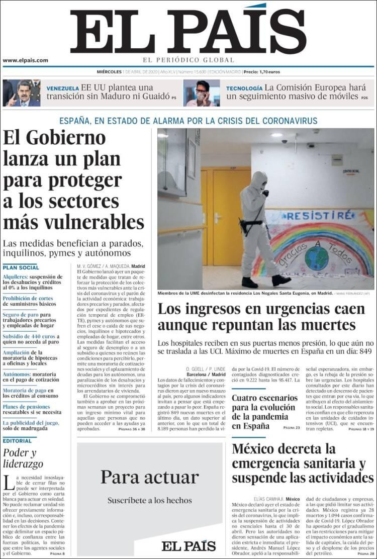 Tapas de diarios, El país, 1 de abril de 2020