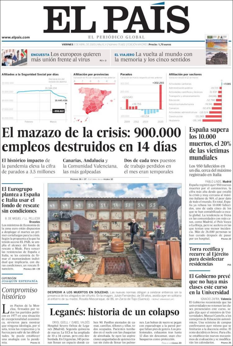 Tapas de diarios, El País, viernes 3 de abril de 2020