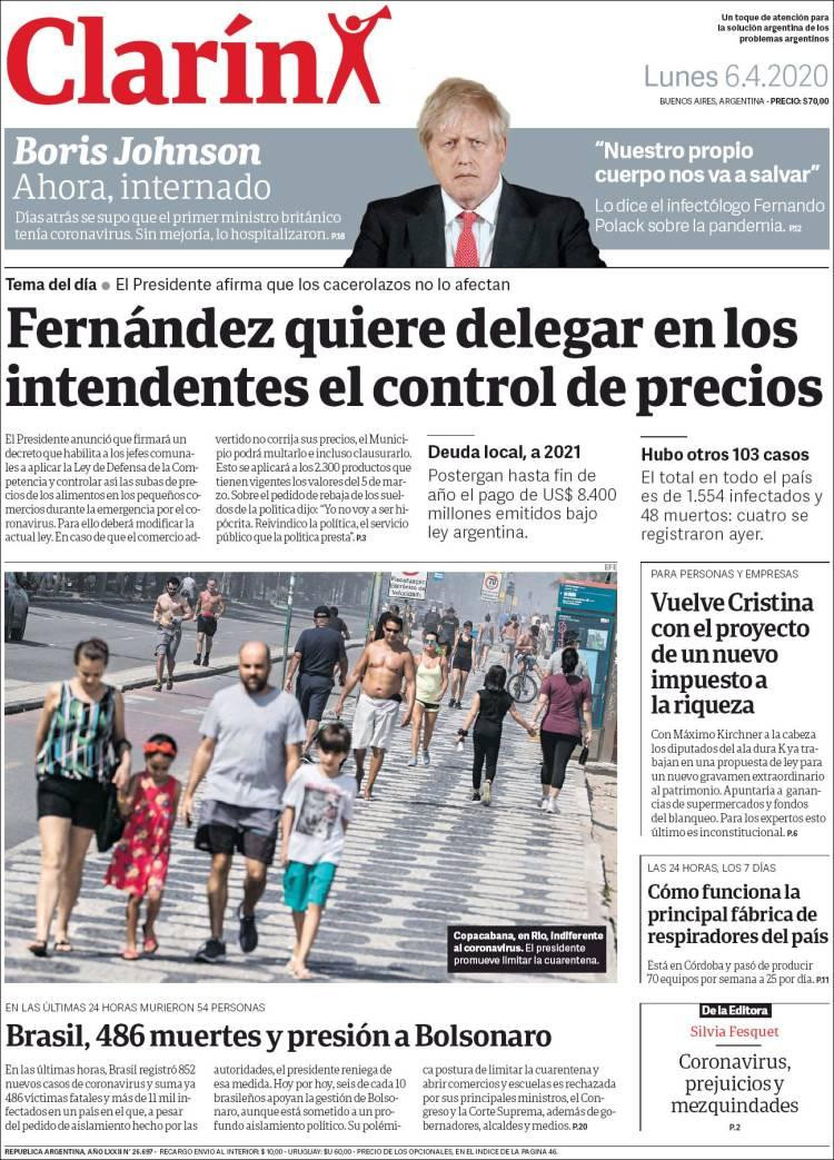 Tapas de diarios, Clarín, lunes 6 de abril de 2020