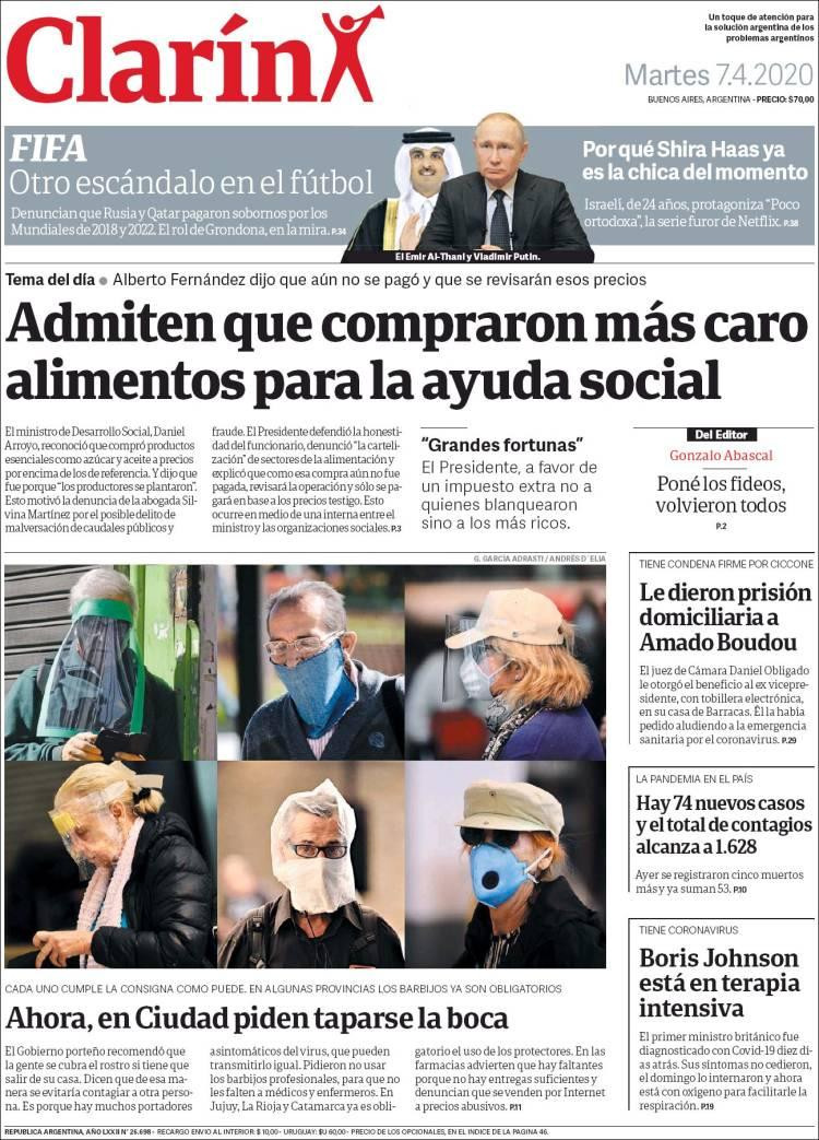 Tapas de diarios, Clarin, martes 7 de abril de 2020