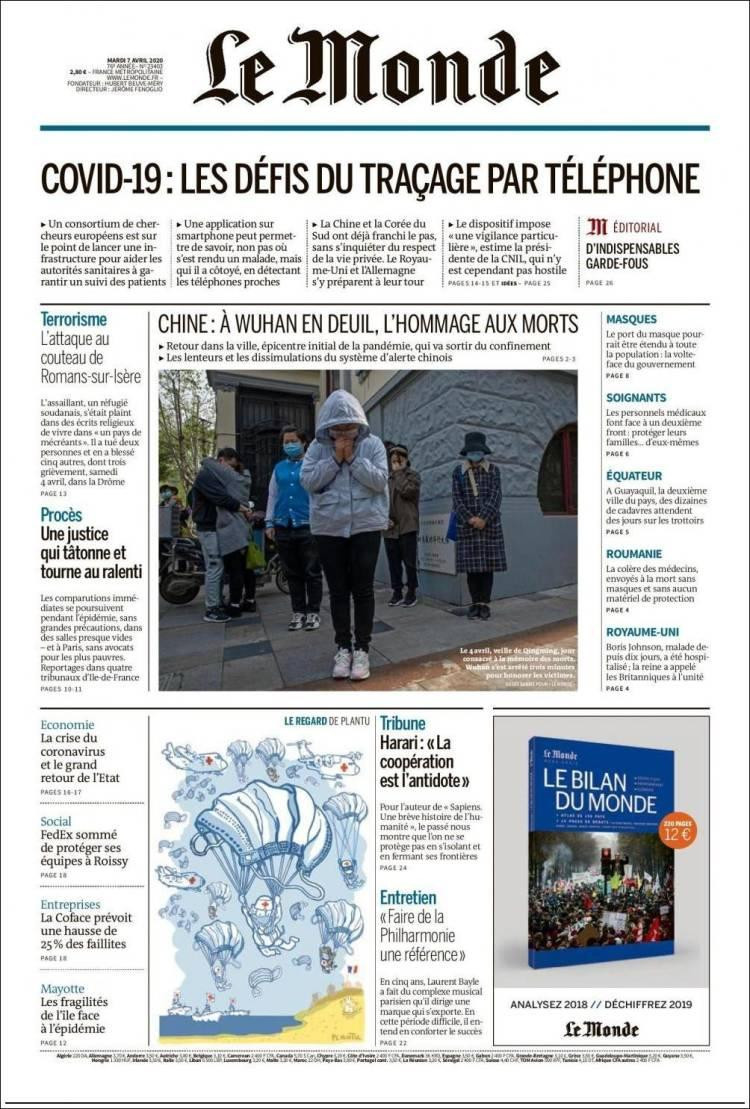 Tapas de diarios, Le monde, martes 7 de abril de 2020